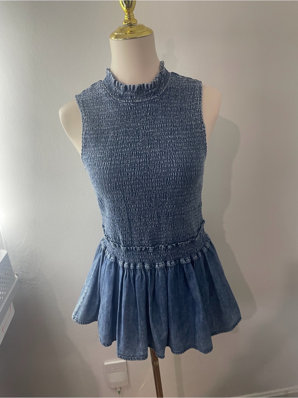 Given Kale Sleeveless Denim Style Smocked Blue Tank Top with Peplum Hem